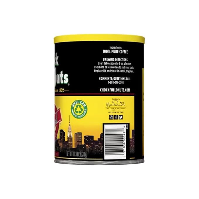 Chock Full o' Nuts Heavenly Original Ground Coffee – Premium Beans in Recyclable Steel Can – Rich Flavor & Aroma, Medium Roast – Perfect for Drip, Pour-Over, Percolator – 11.3 Oz Can