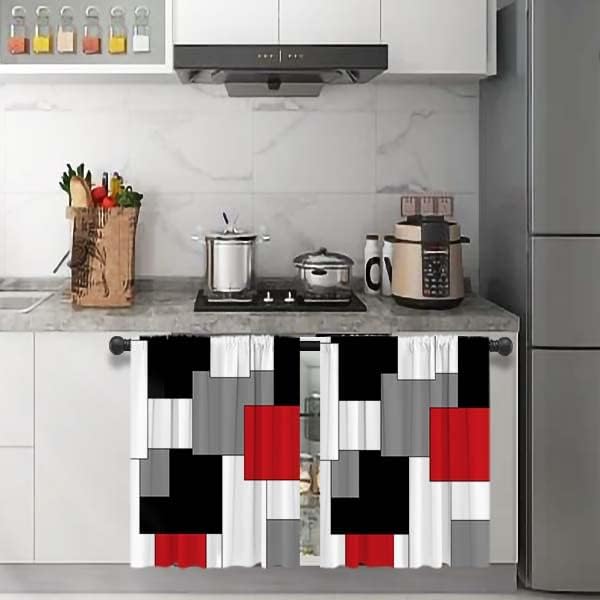 MCALK Red Blackout Kitchen Curtains Tiers Set 2 Piece for Windows Grey and Black Kitchen Window Curtains Set,White Modern Abstract Art Valances for Living Room(24" Tiers Set)