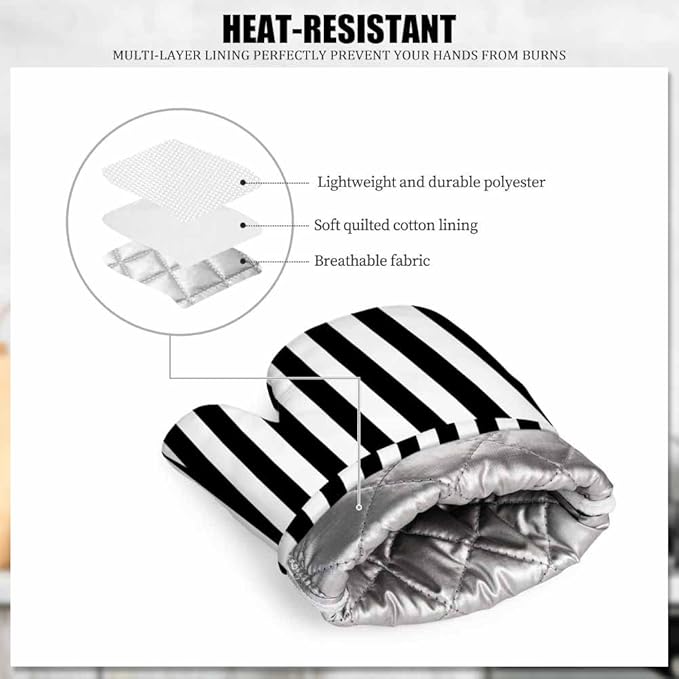 Mxocom Vertical Black Strip Oven Mitts and Pot Holders Sets Black White Silicone Heat Resistant Kitchen Oven Gloves Pot Holder for Cooking