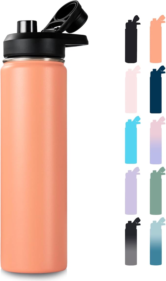 Fijinhom 24 oz Insulated Water Bottle with Handle, 304 Stainless Steel Water Bottles with Wide Mouth, Double Wall Vacuum Sports Water Bottle, BPA Free, Keep Cold and Hot, Coral