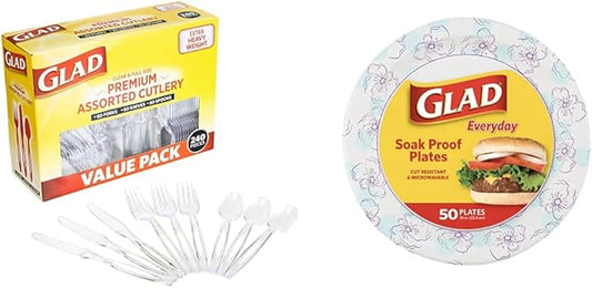 Glad Disposable Plastic Cutlery, Assorted Set & Round Disposable Paper Plates 10 in, Blue Flower, Paper Plates 10 Inch, Bulk for Parties and Occasions