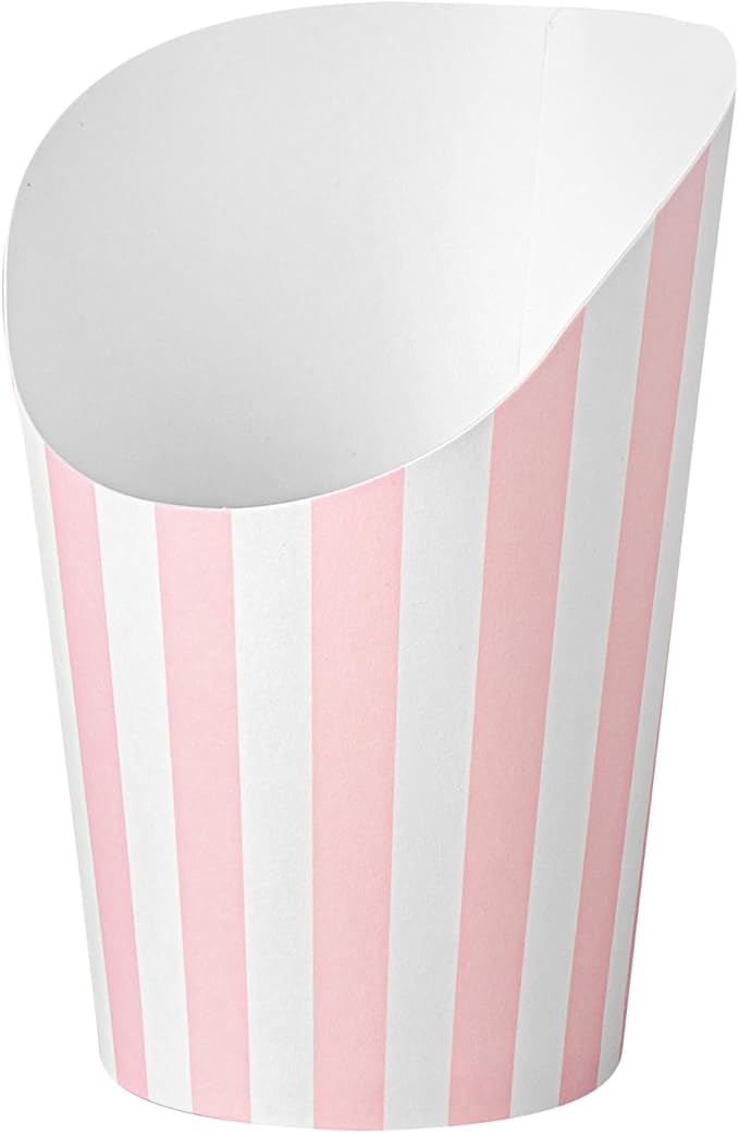 Restaurantware Bio Tek 12 Ounce French Fry Containers 100 Disposable Charcuterie Cups - Incline Design Round Striped Paper French Fry Cups Stackable For Waffles Chips or Popcorn