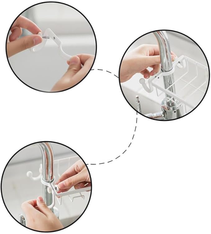Faucet Clamp Sponge Holder Kitchen Sink Organizer with Wire Rack and Hooks Plastic Iron Dishcloth Storage for Dry Soap and Sponge Easy Install No Drilling White