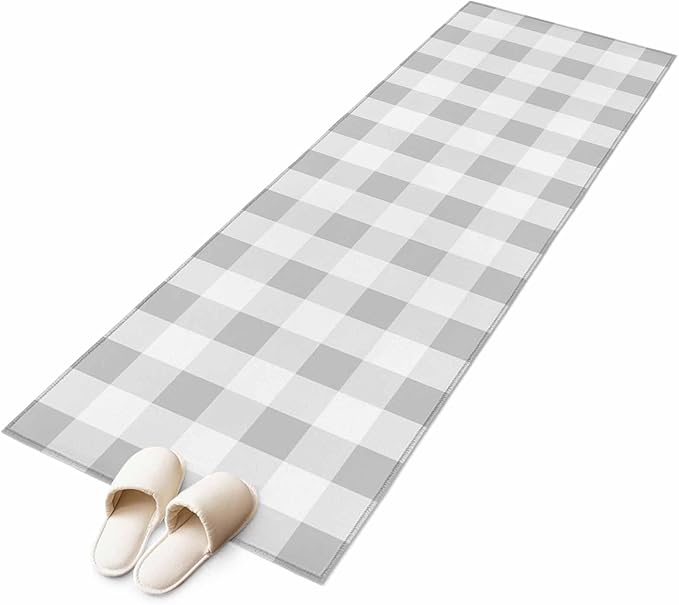 Runner Rug for Bedroom Hallway, Light Grey White Plaid Kitchen Runner Rugs Area Rug 2x6ft, Farmhouse Decoration Buffalo Check Washable Soft Floor Carpet for Entryway Stair