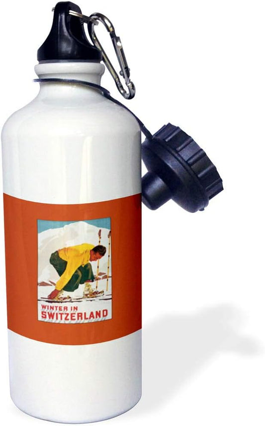 3dRose Winter in Switzerland Man Putting on his Skis Luggage Label-Sports Water Bottle, 21oz , Multicolored