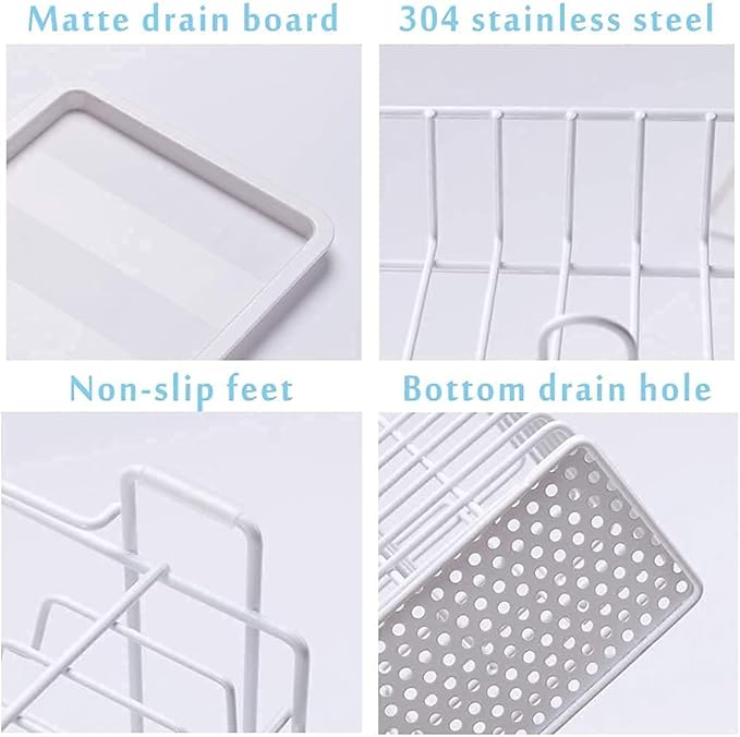 Anti Rust Dish Drainer Rack Anti-Rust Set with Removable Drain Board and Glass Holder for Kitchen Counter Top 2 Layer Modern Organizer Cutlery Basket Drain Shelf