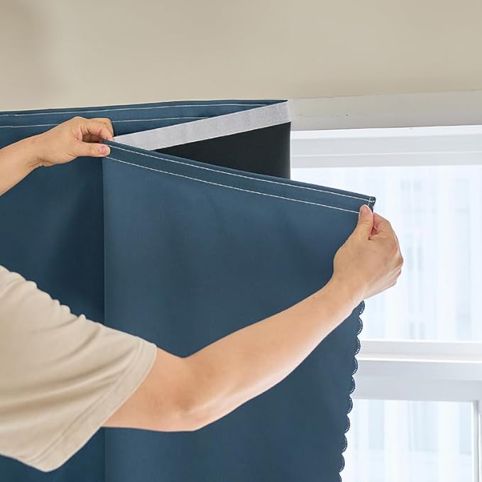 AJAZZ Self Adhesive Curtains 100% Blackout Shades Window Cover Sticky Curtain Portable Easy Open Blackout Curtains for Bedroom Living Room No Drilling (Navy Blue, 59" W x 63" L) 1 Panel