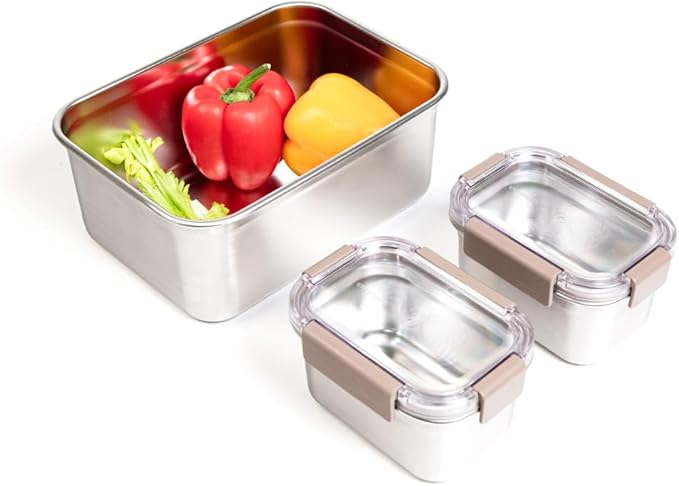 LocknLock Stainless Steel Food Storage Containers with Lids, Metal Lunch Boxes, Leak-Proof, Microwave, Freezer and Dishwasher Safe, 3-Piece Set, 2 x 520ml and 1 x 1400ml