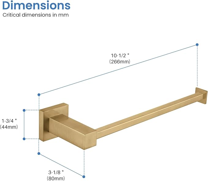 KIBI Cube 10 Inch Hand Towel Bar | Solid Brass Wall Mounted Bathroom Towel Holder for Small Spaces | Modern & Durable Design | Rust-Resistant Finish (Brushed Brass, KBA1503)