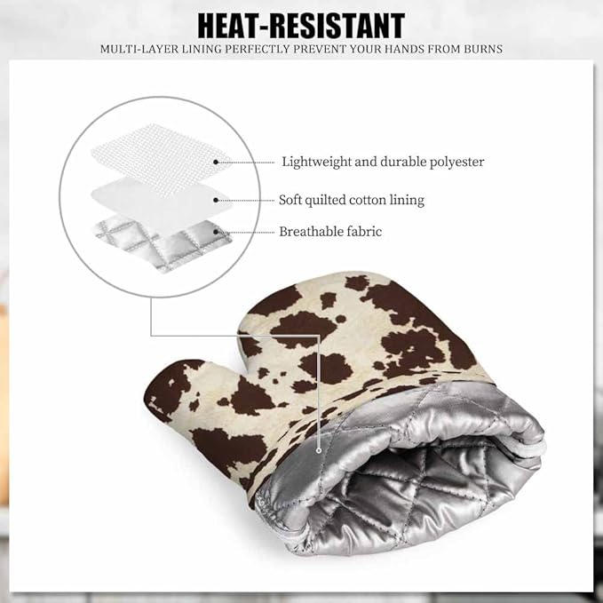 Mxocom Brwon Cowhide Oven Mitts and Pot Holders Sets Cow Skin Vintage Big Cow Bull Fur Animal Silicone Heat Resistant Kitchen Oven Gloves Pot Holder for Cooking