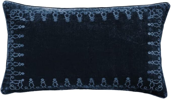 HiEnd Accents Stella Faux Silk Velvet Embroidered Lumbar Pillow, 14x24 inch, Midnight Blue, Romantic Western Modern Traditional Style Luxury Bedding, Decorative Throw Pillow