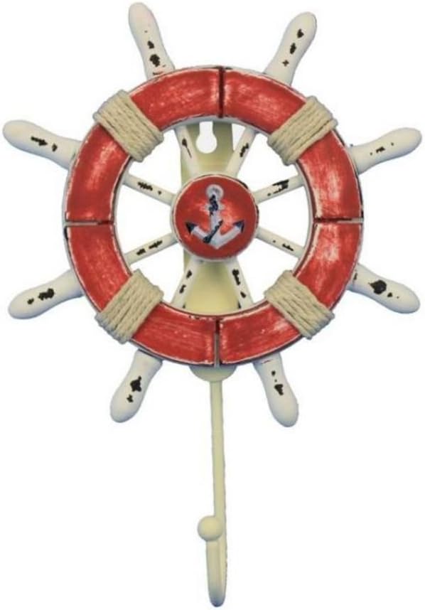 Hampton Nautical Wheel-6-110-anchor Rustic Decorative Ship Wheel with Anchor and Hook, 6", Red/White