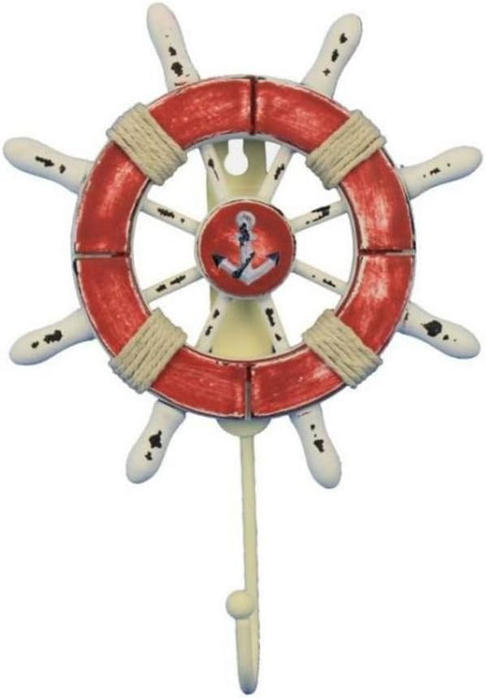 Hampton Nautical Wheel-6-110-anchor Rustic Decorative Ship Wheel with Anchor and Hook, 6", Red/White