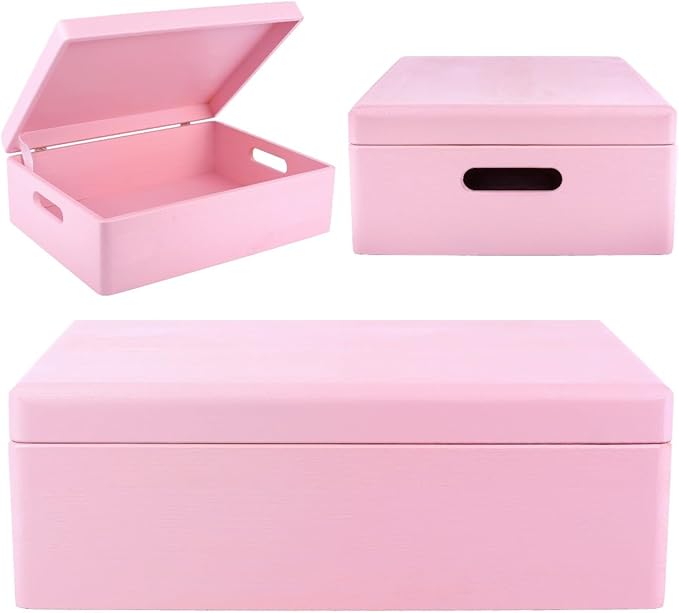 Creative Deco XL Pink Wooden Box Storage with Hinged Lid | 15.8x11.8x5.5in (+-0.5) | Keepsake with Handles | Gift Box for Tool Dog Toy Kitchen Storage | Wood Chest Trunk