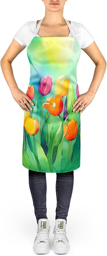 Caroline's Treasures Tulips in Watercolor Apron Cooking Kitchen Server Baking Crafts Gardening for Adult Women Men, Unisex, Large, Multicolor