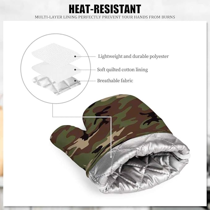 Mxocom Army Camouflage Oven Mitt and Pot Holder with Silicone Hunting Camo Green Hunter Heat Resistant Kitchen for Cooking BBQ Baking Grilling Spring/Summer