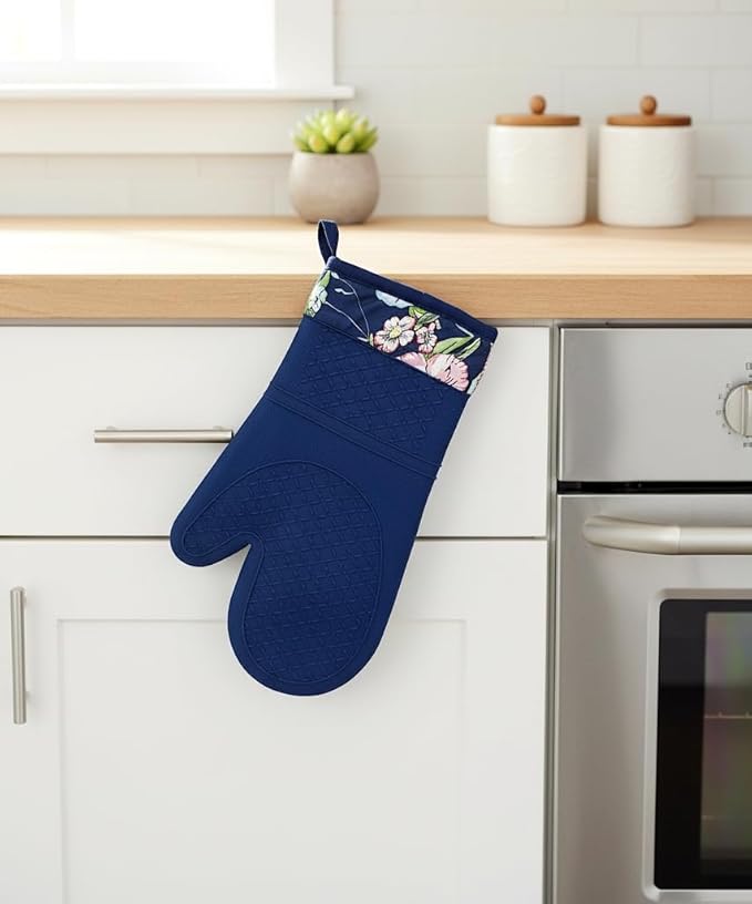 Pair of 2 Heat-Resistant Silicone Oven Mitts – Extra Long, Non-Slip Grip, Soft Cotton Lining, Perfect for Baking, Cooking & BBQ – 13” x 7” Kitchen Gloves (Blue Flora)