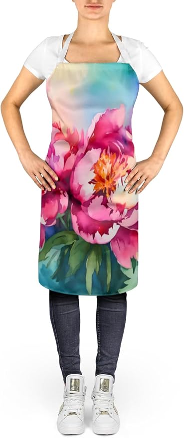 Caroline's Treasures Peonies in Watercolor Apron Cooking Kitchen Server Baking Crafts Gardening for Adult Women Men, Unisex, Large, Multicolor