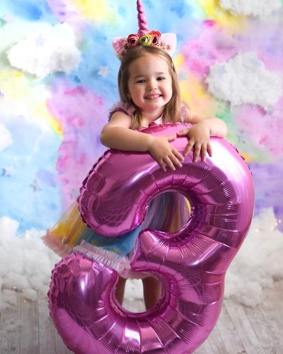 40 Inch 3rd Number Balloons, Three Hot Pink Happy Birthday Balloons for Girls Boys Babies, Number Balloons for 3 13 23 30 Wedding Bridal Shower Anniversaries Party