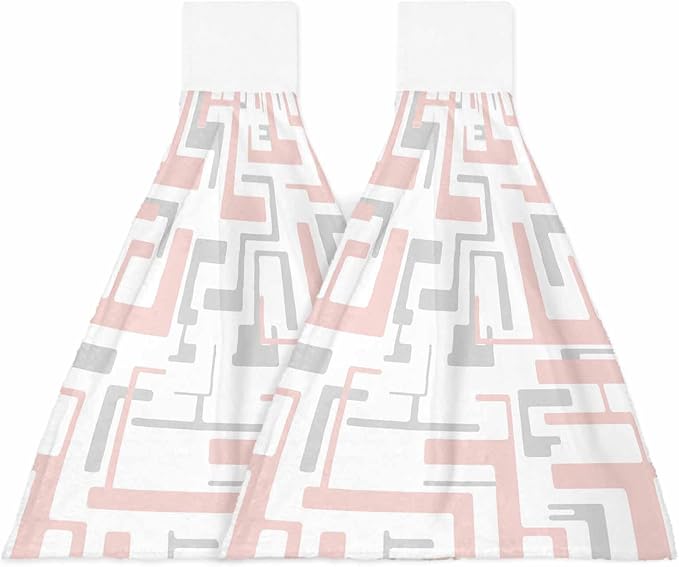 Alandar Home Kitchen Tie Towel Set of 2, Modern Pink Gray Stripe Lines Absorbent Soft Hand Towels for Bathroom Hanging Towels, Abstract Geometric Art Fast Drying Cleaning Cloth with Loop