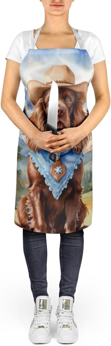 Caroline's Treasures Sussex Spaniel Cowboy Welcome Apron Cooking Kitchen Server Baking Crafts Gardening for Adult Women Men, Unisex, Large, Multicolor