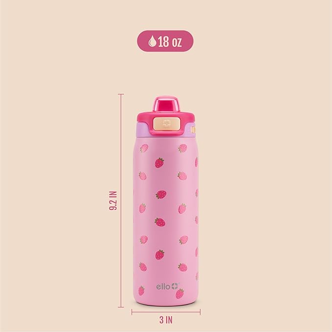 Ello Pop & Fill 18oz Stainless Steel Kids Water Bottle with Quick Fill Lid | Vacuum Insulated BPA Free Bottle with Leak Proof Straw and Chug Lid, Dishwasher Safe, Gift For Kids Teens, Strawberries