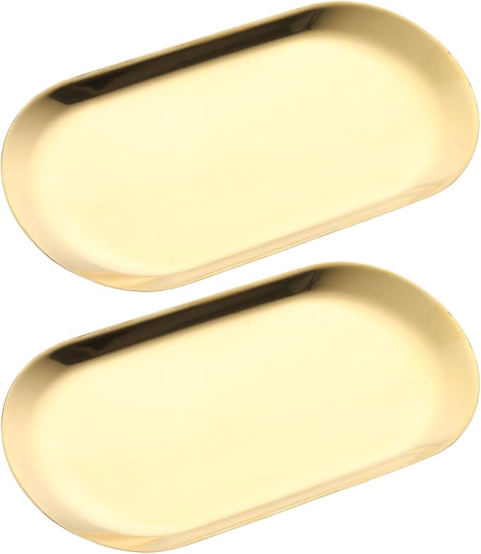 SUTOKAKA Decorative Serving Tray, Manicure Tools Storage Dish, Perfume Jewelry Dinner Placing Plate for Bedroom Kitchen Salon Supplies (Gold - 2PC, 7.09 * 3.35 * 0.39 INCH)