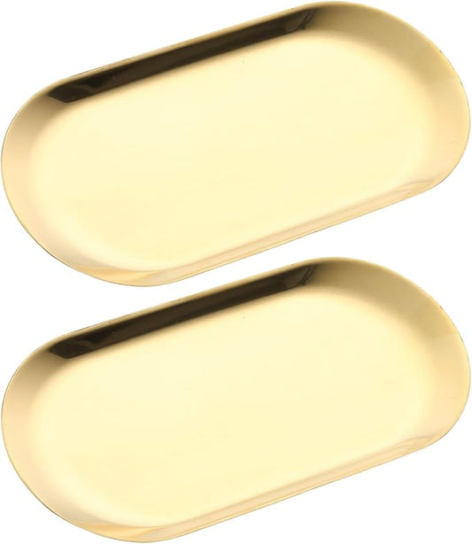 SUTOKAKA Decorative Serving Tray, Manicure Tools Storage Dish, Perfume Jewelry Dinner Placing Plate for Bedroom Kitchen Salon Supplies (Gold - 2PC, 7.09 * 3.35 * 0.39 INCH)