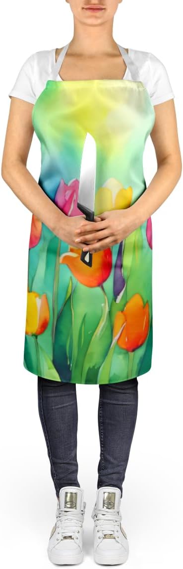 Caroline's Treasures Tulips in Watercolor Apron Cooking Kitchen Server Baking Crafts Gardening for Adult Women Men, Unisex, Large, Multicolor