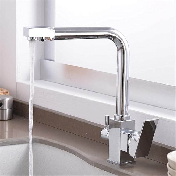 RajoNN 3-Way Kitchen Faucet Water Filter with 360° Swivel Aerator & Dual Handles - Chrome, Stylish Sink Mixer Tap for Clean Drinking Water, Easy Installation