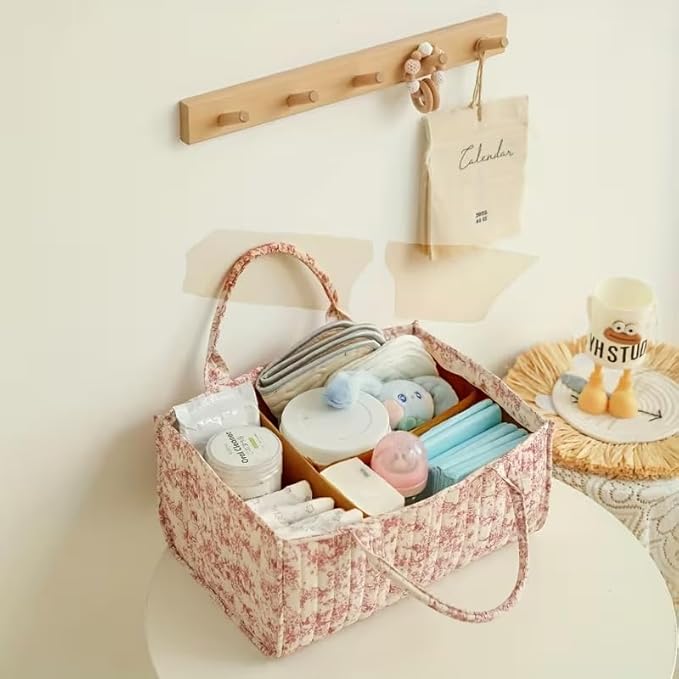 Quilted Fabric Storage Basket Floral Baby Diaper Caddy Quilted Basket Organizer for Newborn Nursery Bedroom Car Storage