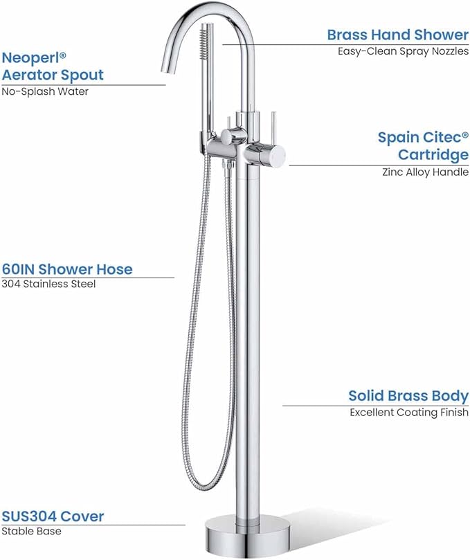 KIBI Circular Floor Mount Bathtub Faucet with Hand Shower | Single Handle Freestanding Tub Filler | Modern Bath Faucet for Tub and Shower | Chrome Finish, KTF301