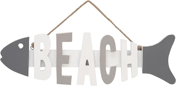 Deco 79 98869 Wooden Fish Wall Hook Rack with Beach Letter Cutouts Wall Hook Rack,Gray/White