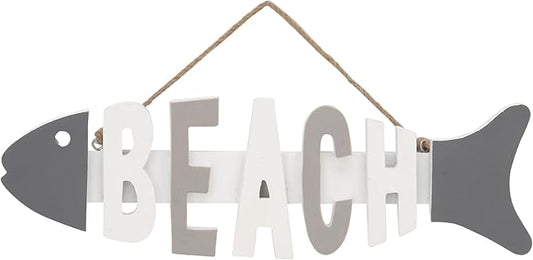 Deco 79 98869 Wooden Fish Wall Hook Rack with Beach Letter Cutouts Wall Hook Rack,Gray/White