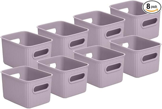 Superio Decorative Plastic Basket Open Home Storage Bins Organizer Baskets, Small, Lilac (8 Pack) Container Boxes for Organizing Closet Storage Bins for Shelves Drawer Shelf, 1.5 Liter