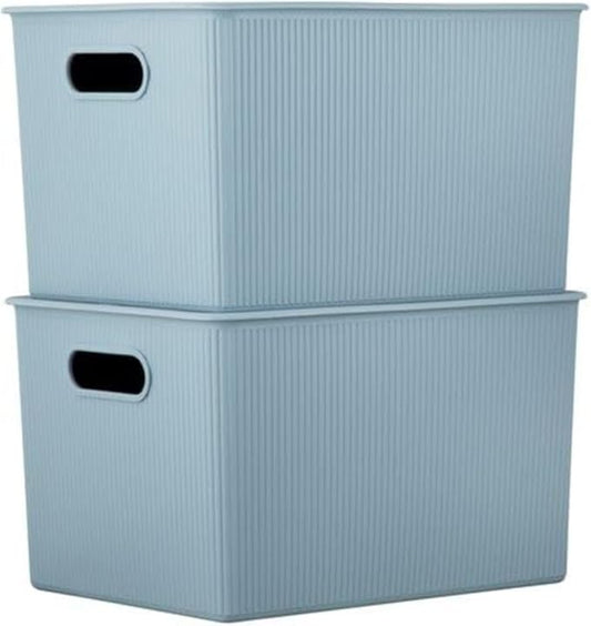 Superio Ribbed Collection - Decorative Plastic Basket Open Home Storage Bins Organizer, Blue Containers for Organizing Closet Storage Bins for Shelves (Bin with Lid- Extra Large (22 Liter), 2 Pack)