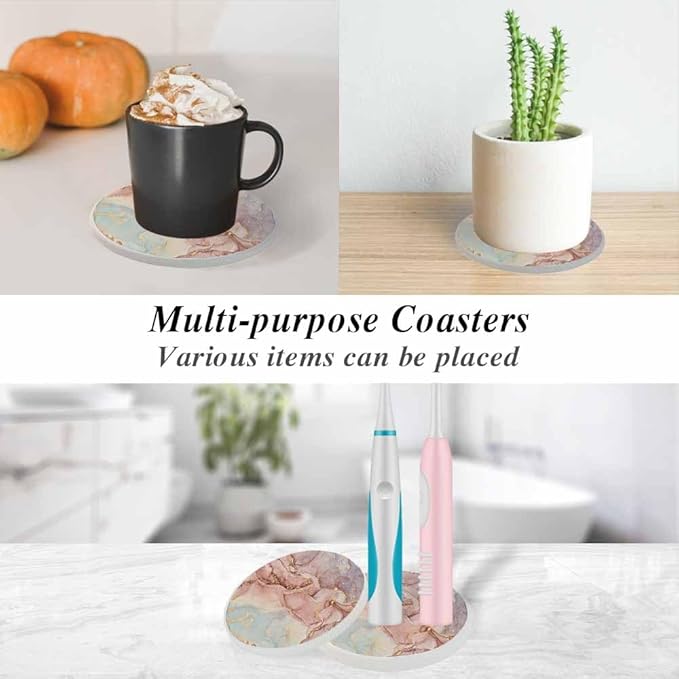 Marble Coasters - Abstract Pink Golden Waves Pattern - Absorbent Drink Coasters Set of 2 for Coffee Table, Cup, Bar