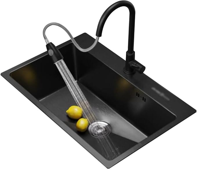 Single Bowl Two Hole Stainless Steel Single Bowl Sink Durable and Practical Kitchen Sink Bar Sink Dishwashing Sink Thickened Panel (Black 55 * 45 * 21cm)