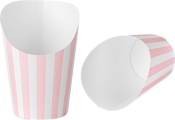 Restaurantware Bio Tek 12 Ounce French Fry Containers 100 Disposable Charcuterie Cups - Incline Design Round Striped Paper French Fry Cups Stackable For Waffles Chips or Popcorn