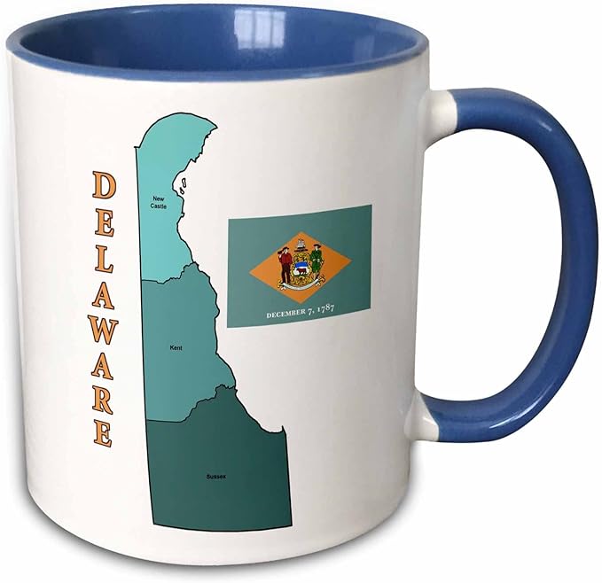 3dRose Map and flag of Delaware with counties labeled and colored. 11oz Two-Tone Blue Mug