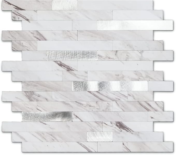 Yipscazo 5 Sheets Peel and Stick Stone Metal Tile Backsplash, Stick on Tiles for Backsplash Kitchen, Bathroom, Laundry Room, Camper, Fireplace (12'' X 12'', Bright Carla White)