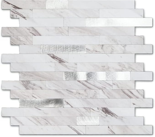 Yipscazo 5 Sheets Peel and Stick Stone Metal Tile Backsplash, Stick on Tiles for Backsplash Kitchen, Bathroom, Laundry Room, Camper, Fireplace (12'' X 12'', Bright Carla White)