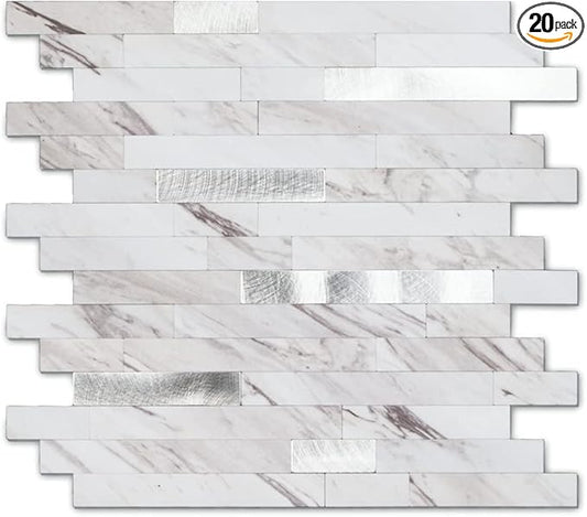 Yipscazo 2026 New Upgrade Peel and Stick Stone Metal Tile Backsplash, Stick on Tiles for Backsplash Kitchen, Bathroom, Laundry Room, Camper, Fireplace (20 Sheets, Bright Carla White)