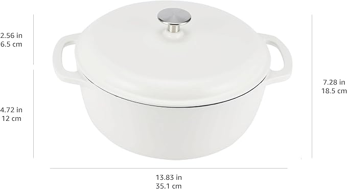 Amazon Basics Enameled Cast Iron Dutch Oven Pot with Lid, Round, Dual Handles, Heavy-Duty, Oven Safe for Stews, Roasting, Baking, 6-Quart, Matte White