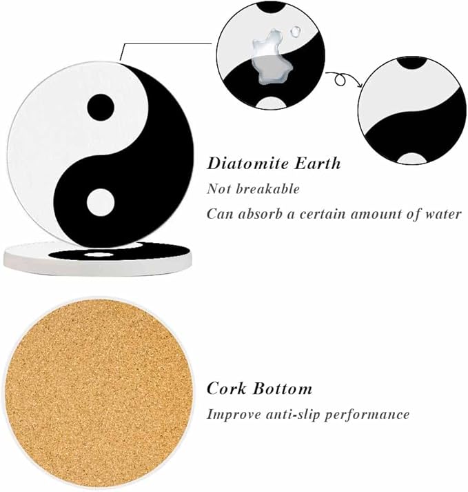 Black and White Yin Yang Ceramic Coasters Absorbent Drink Coasters Round Ceramic Table Coasters Set Decorative Coffee Cup Beverage Coasters Wine Beer Bar Coasters 2 Pack