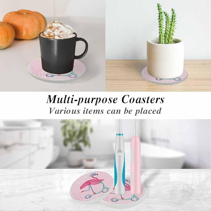 Cute Flamingo with Sunglasses Coasters for Drinks Coasters for Table Ceramic Absorb Stone Coasters with Coffee Table Cork Base for Home Decor 2 Pcs