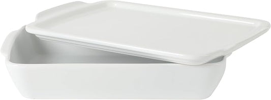 Gibson Home Gracious Dining 2.6-Qt White Stoneware Covered Baking Dish w/Multi-Purpose Lid – 12.7" x 9" Rectangular Oven Safe Casserole, Lasagna & Roasting Baker, Lid Doubles as Serveware or Trivet