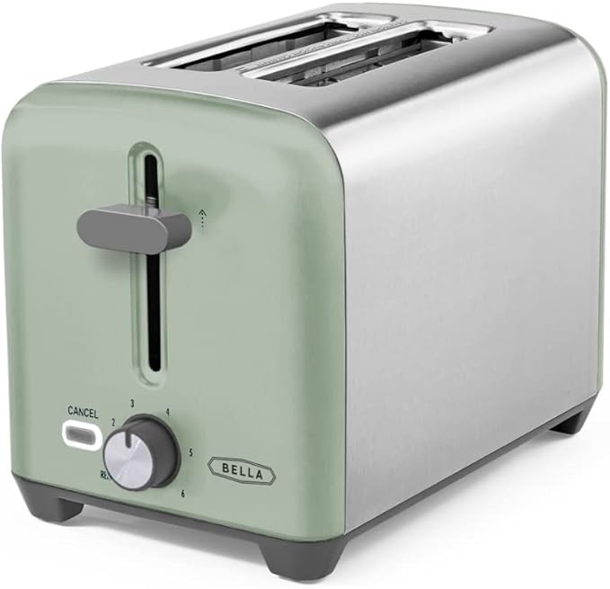 BELLA 2 Slice Toaster, Quick & Even Results Every Time, Wide Slots Fit Any Size Bread Like Bagels or Texas Toast, Drop-Down Crumb Tray for Easy Clean Up, Stainless Steel and Sage