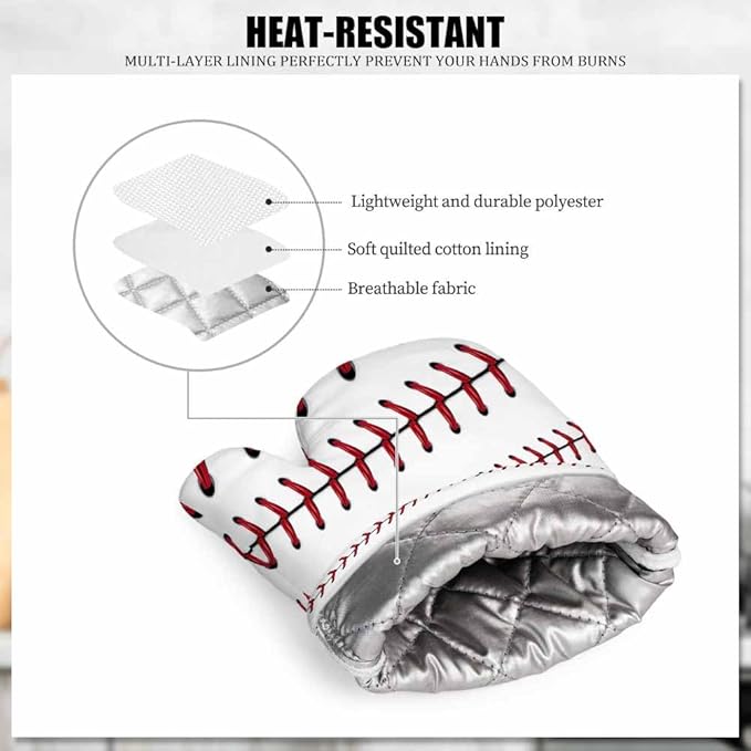 Mxocom Softball Oven Mitts and Pot Holders Sets Baseball Red Lace Over White Background Silicone Heat Resistant Kitchen Oven Gloves Pot Holder for Cooking