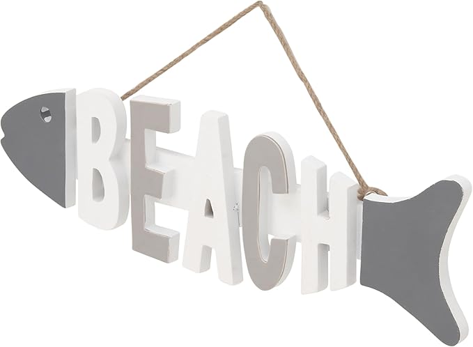 Deco 79 98869 Wooden Fish Wall Hook Rack with Beach Letter Cutouts Wall Hook Rack,Gray/White